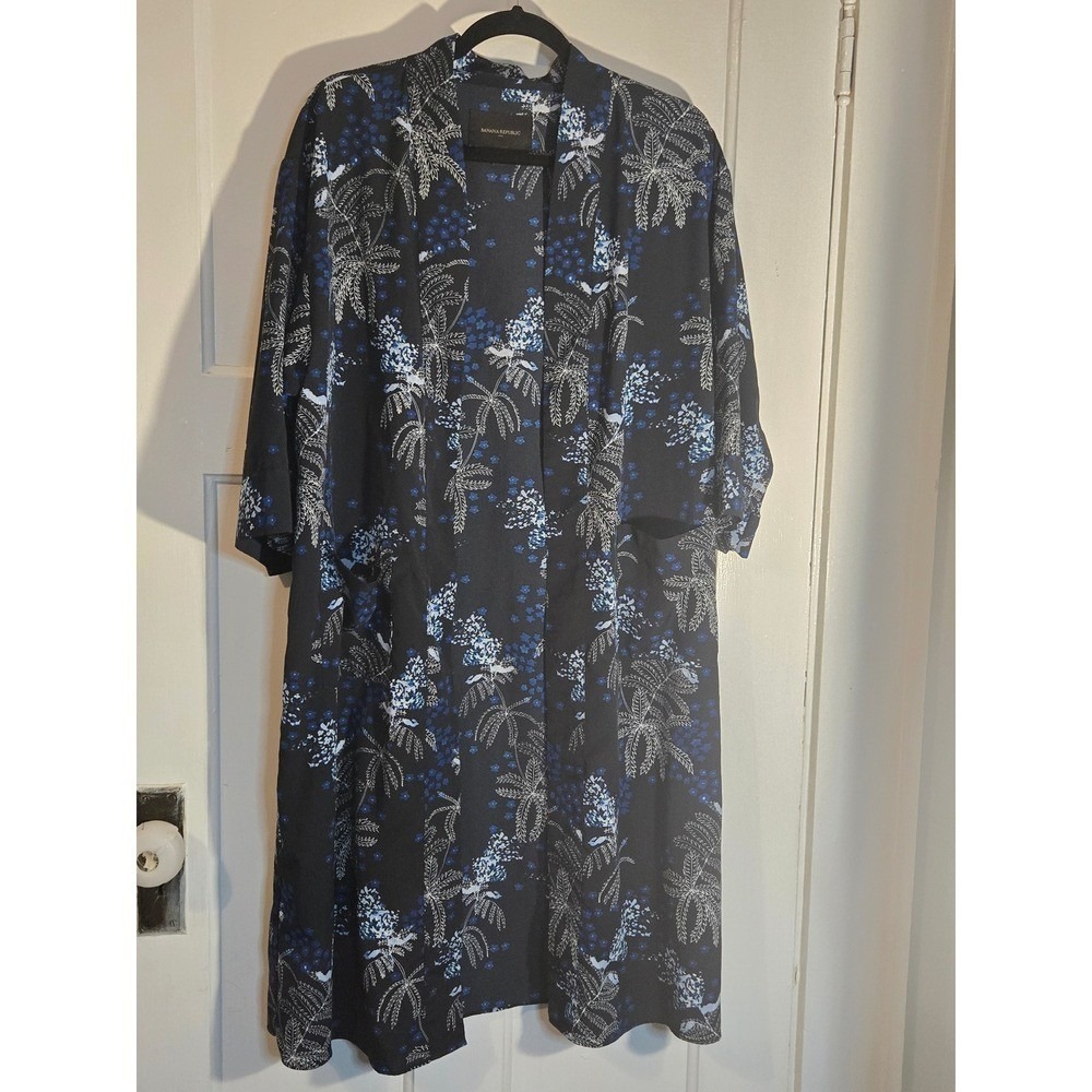 Banana Republic Floral Palm Print Duster Kimono Cardigan Black Blue Small